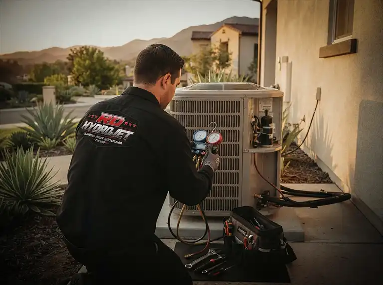 RD Hydrojet HVAC technician servicing an air conditioning unit in Murrieta